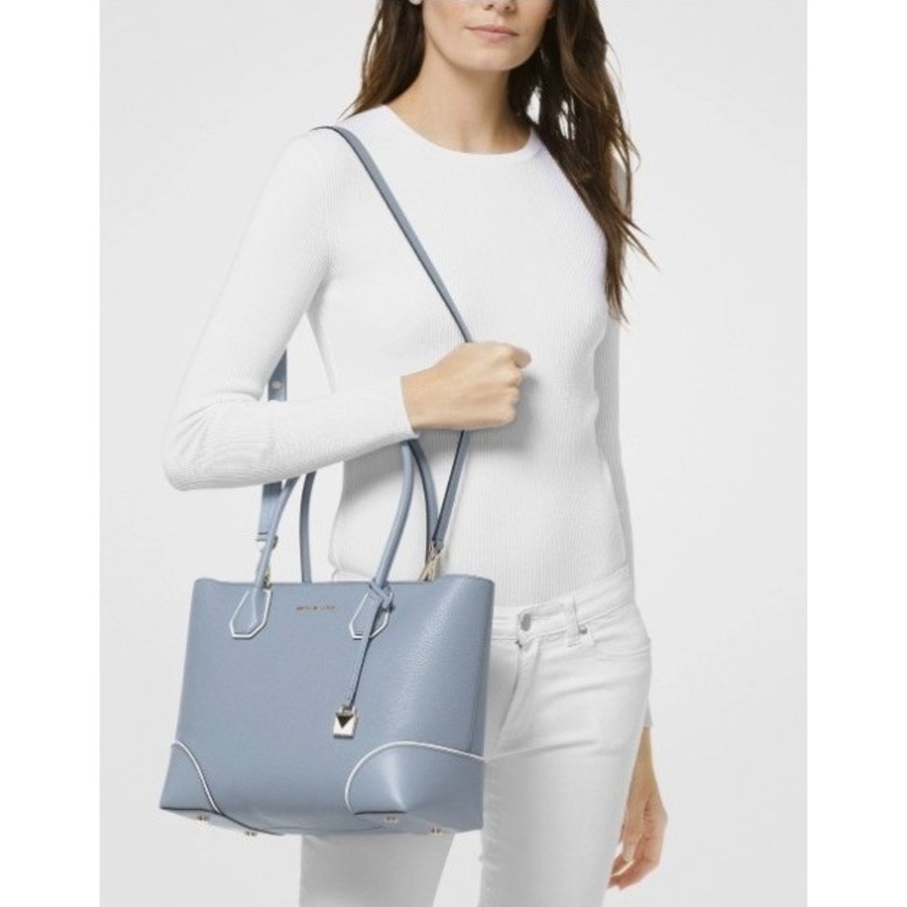 Michael Kors Mercer Gallery Tote Women Medium Blue Pebbled Leather Satchel Good